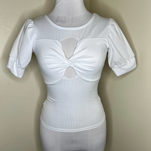 Jolie & Joy Ribbed Top SMALL Keyhole Twist Front Puff Sleeve Crewneck Chic Women - Picture 2 of 8